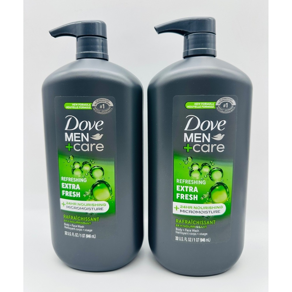 2 Pack Dove Men+Care Body Face Wash Extra Fresh 32oz Pump New Formula